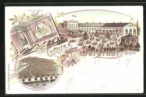 Lithographie Herford, Gasthaus Berglust, Konzert-Saal, Totalansicht