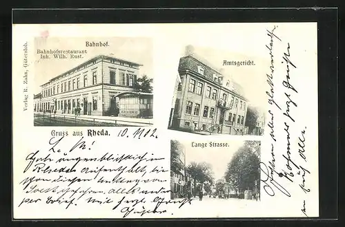 AK Rheda, Bahnhof mit Restaurant von Wilh. Rust, Amtsgericht, Lange Strasse