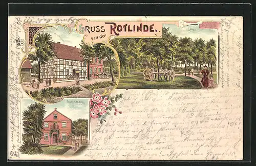 Lithographie Soest, Gasthaus Rotlinde, Garten, Saaleingang