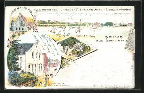 Lithographie Lemwerder, Restaurant zum Fährhaus von F. Schiphorst, Kapelle a. d. 9. Jahrhundert