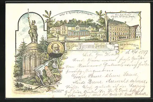 Lithographie Detmold, Hotel Stadt Frankfurt, Gasthof C. Reineke, Hermannsdenkmal