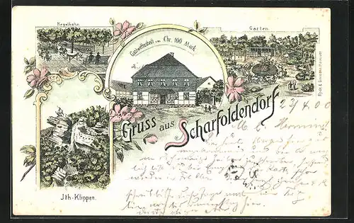 Lithographie Scharfoldendorf, Gasthaus von Chr. 100 Mark, Ith-Klippen