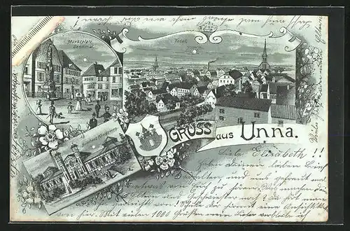 Mondschein-Lithographie Unna, Totalansicht, Marktplatz mit Denkmal, Badehaus Königsborn