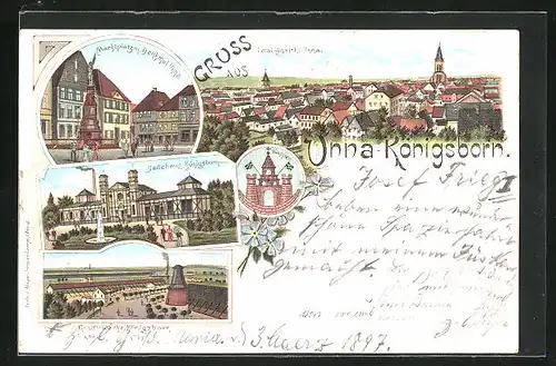 Lithographie Unna-Königsborn, Marktplatz mit Denkmal Unna, Badehaus Königsborn, Wappen