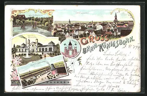 Lithographie Unna-Königsborn, Weiher, Badehaus, Salinen