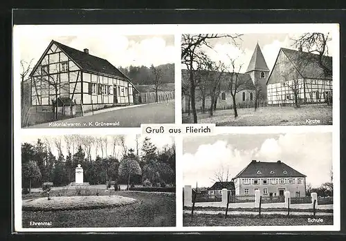AK Flierich, Kolonialwarengeschäft v. K. Grünewald, Schule, Ehrenmal