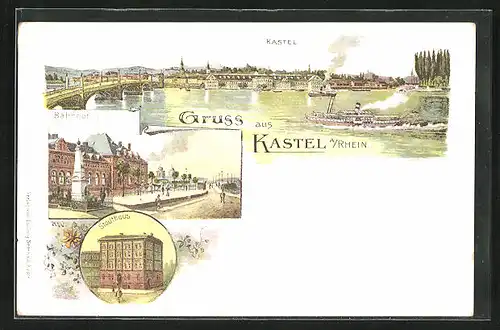 Lithographie Kastel a. Rhein, Teilansicht mit Dampfer, Bahnhof, Stadthaus