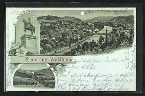 Mondschein-Lithographie Waldheim, Teilansicht, Kaiser-Standbild, Eisenbahnbrücke