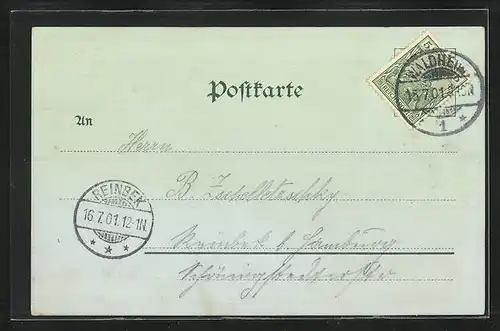 Mondschein-Lithographie Waldheim, Teilansicht, Kaiser-Standbild, Eisenbahnbrücke