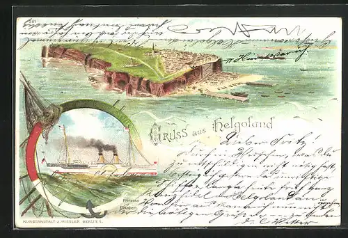 Lithographie Helgoland, Ortsansicht, Dampfer in Fahrt