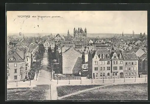 AK Worms, Teilansicht mit Strassenpartie vom Wasserturm gesehen