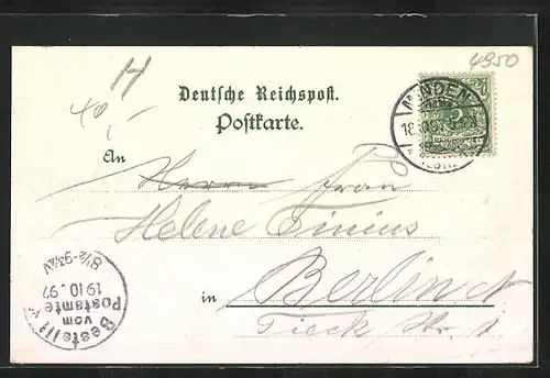 Lithographie Minden i. Westfalen, Mindener Bankverein, Kaiserliche Oberpostdirektion, Weserbrücke