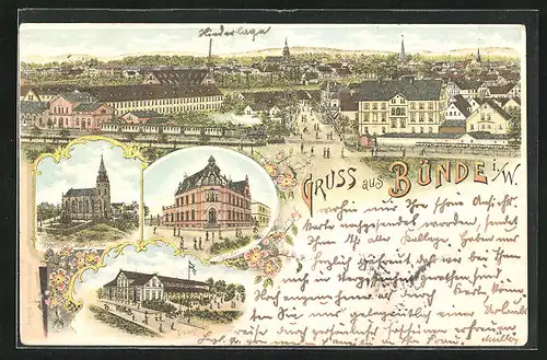 Lithographie Bünde i. W., Evangelische neue Kirche, Postamt, Stadtgarten