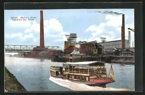 AK Herne, Hafen u. Kohlezeche Friedrich der Grosse und Dampfer