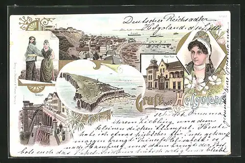 Lithographie Helgoland, Treppe und Aufzug, Neue Post