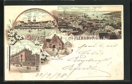 Lithographie Flensburg, Dampfschiff-Pavillon, Theater, Norderthor