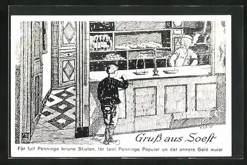 Künstler-AK Soest, Knabe kauft im Geschäft für zwei Pfennige Papier