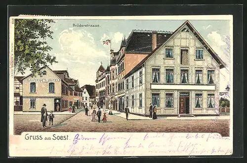 Lithographie Soest, Brüderstrasse mit Bahnhofs-Hotel und Gasthof