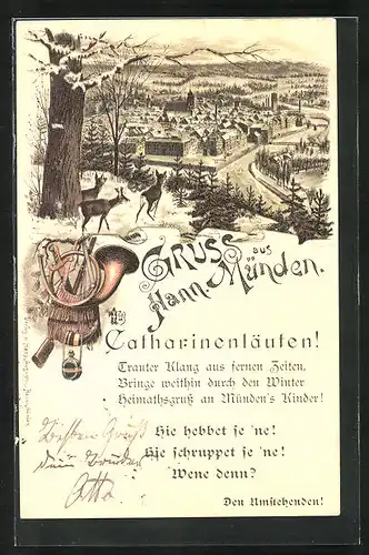 Winter-Lithographie Hann. Münden, Catharinenläuten, Ortsansicht im Winter