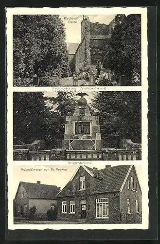 AK Friedeburg /Ostfriesland, Kolonialwaren von Fr. Feeken, Kriegerdenkmal