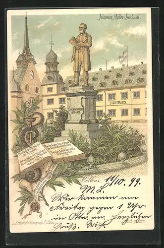 Lithographie Coblenz, Johannes Müller-Denkmal vorm Stadthaus