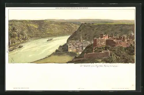 Lithographie St. Goar, Teilansicht, Ruine Rheinfels