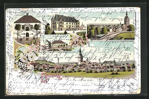 Vorläufer-Lithographie Erwitte, 1895, Totalansicht, Schloss, Rathaus, Marien-Hospital