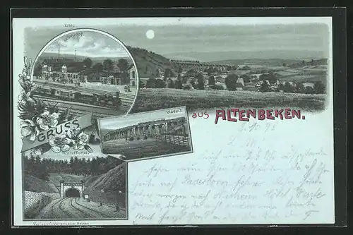 Mondschein-Lithographie Altenbeken, Totalansicht, Bahnhof, Tunnel-Portal, Viaduct