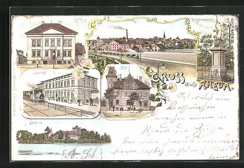 Lithographie Rheda, Kriegerdenkmal, Bahnhof, Rathaus, Schloss