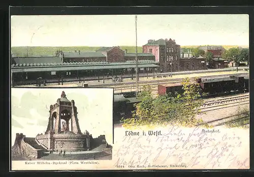 AK Löhne i. W., Kaiser Wilhelm-Denkmal, Porta Westfalica, Bahnhof