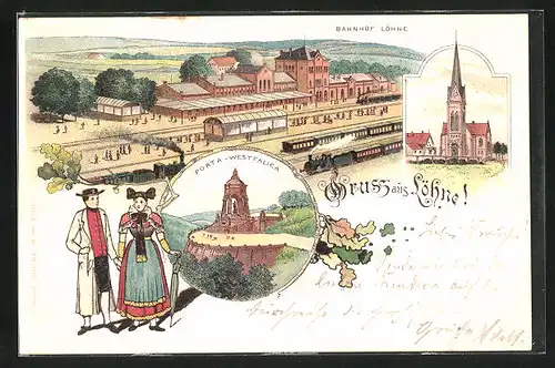 Lithographie Löhne, Bahnhof, Porta Westfalica, Kirche