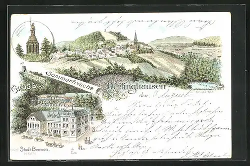 Lithographie Oerlinghausen, Hotel Stadt Bremen, Totalansicht, Hermannsdenkmal