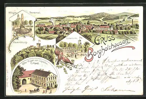Lithographie Borgholzhausen, Hotel Meyer zur Capellen, Ravensburg, Totalansicht, Luisenturm