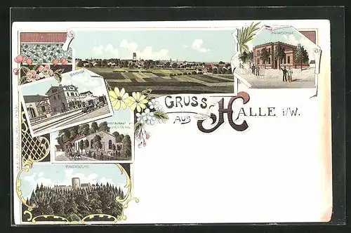 Lithographie Halle i. W., Restaurant zum grünen Wald, Totalansicht, Privatschule, Bahnhof