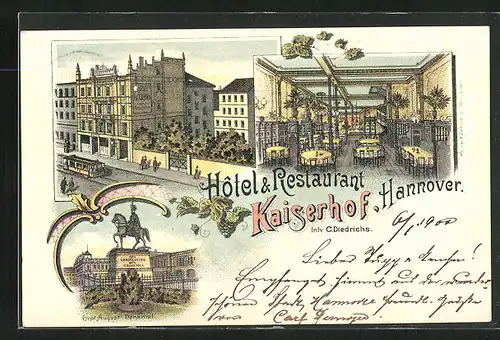 Lithographie Hannover, Hotel Restaurant Kaiserhof, Ernst-August-Denkmal
