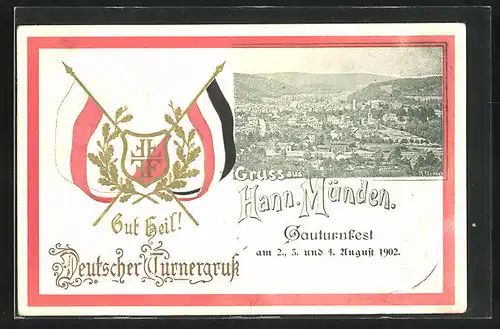 Präge-AK Hann. Münden, Gauturnfest 1902, Teilansicht, Wappen, Eichelaub