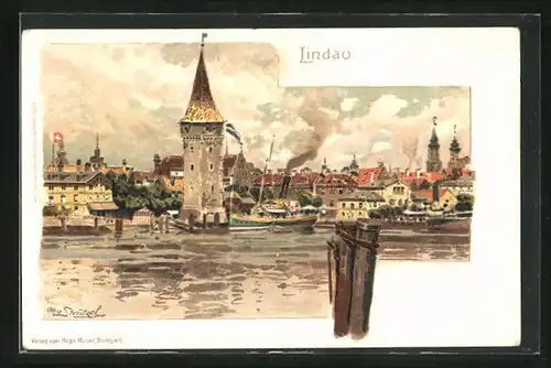 Lithographie Lindau, Panorama mit Hotel und Dampfer