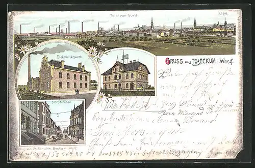 Lithographie Beckum i. W., Elektrizitätswerk, Nordstrasse, Panorama von Nord
