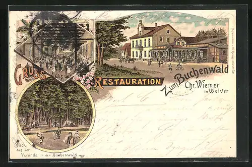 Lithographie Welver, Restaurant zum Buchenwald, Veranda