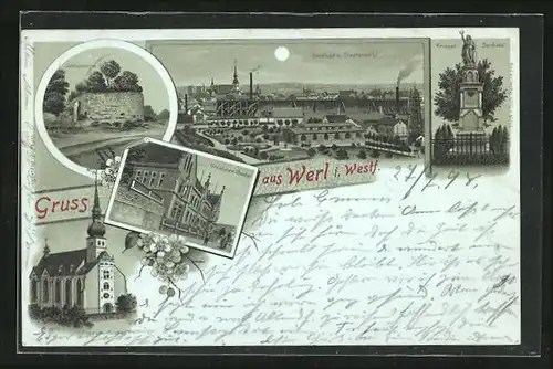 Mondschein-Lithographie Werl i. W., Ursulinen-Kloster, Panorama mit Soolbad, Schlossruine