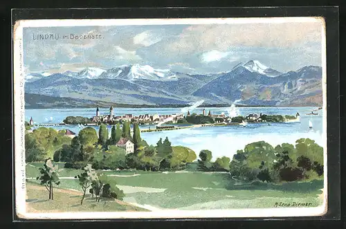 Lithographie Lindau /Bodensee, Totalansicht mit Gebirgspanorama