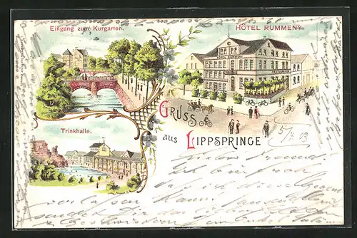 Lithographie Lippspringe, Hotel Rummeny, Trinkhalle