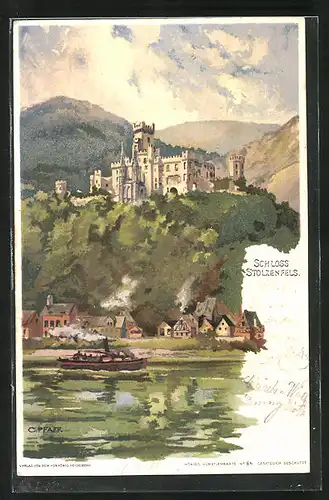 Lithographie Stolzenfels, Rheinpartie mit Schloss