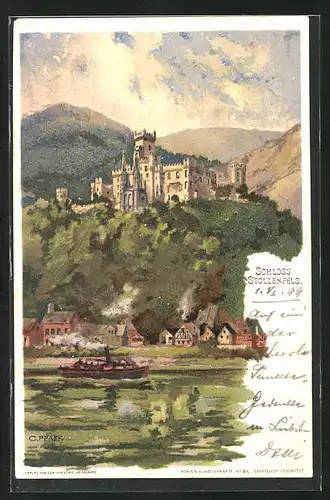 Lithographie Stolzenfels, Rheinpartie mit Schloss