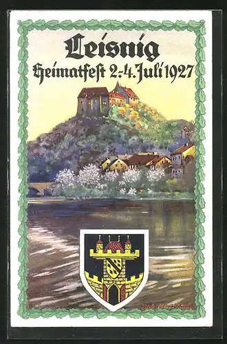 Künstler-AK Leisnig, Festpostkarte zum Heimatfest 1927, Flusspartie mit Schloss