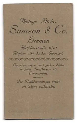 Fotografie Samson & Co., Bremen, Hutfilterstrasse 9-13, Portrait Bursche in Uniform