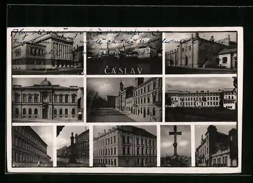 AK Tschaslau / Caslav, Gebäudeansicht, Grabmal, Denkmal