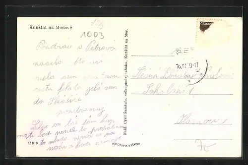 AK Kunstat na Morave, Ortspartie mit Denkmal