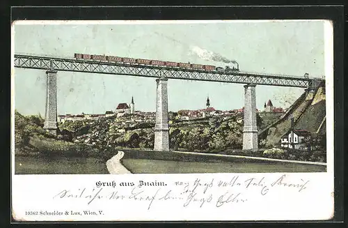 AK Znaim, Nordwestbahnbrücke mit Lokomotive