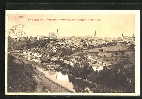 AK Znaim, Totale von der Nordwestbahnbrücke gesehen